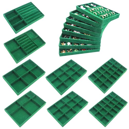 Jewelry Tray Organizer for Drawer 8Pack Stackable Jewelryy Case Velvet Jewellry Storage Display Necklaces, Earring, Rings Bracelet - color: Green, size: 8 Pack