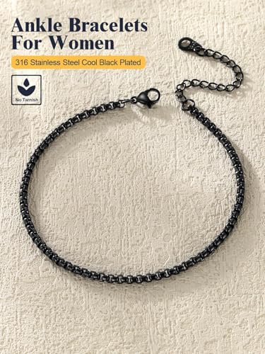 U7 Ankle Bracelets for Women Stainless Steel Waterproof Tarnish Resistant | 18K Gold Plated/Silver/Rose Gold Anklets, Cuban Chain Anklet Bracelets, Perfect for Summer Beach and Vacation Outfits - color: Black-3mm-Box Chain