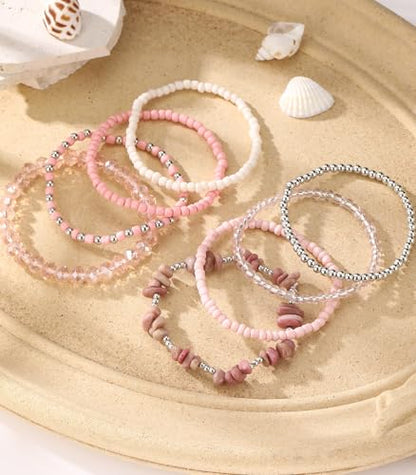 Noessla Boho Beaded Bracelets for Women Stackable Irregular Natural Stone Bead Stretch Bracelet Set 8PCS Costume Jewelry Gifts for Her - color: Pink
