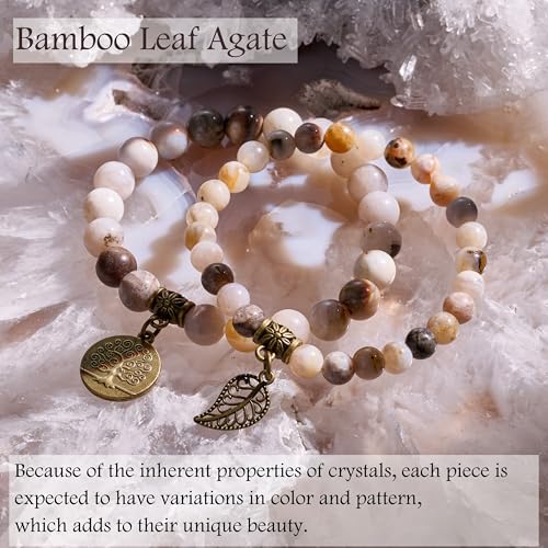 Bivei Natural Semi Precious Gemstone beads bracelet for women - Life Tree and Leaf Charm Energy Reiki Crystal Stretch Bracelets - color: Bamboo Leaf Agate Bracelet Set, size: Medium:6.8-7.24inch