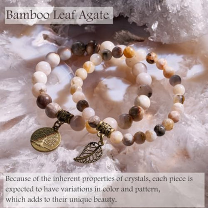 Bivei Natural Semi Precious Gemstone beads bracelet for women - Life Tree and Leaf Charm Energy Reiki Crystal Stretch Bracelets - color: Bamboo Leaf Agate Bracelet Set, size: Medium:6.8-7.24inch