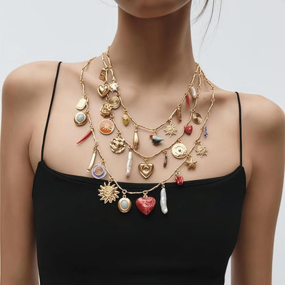 Multi Layer Gold Chain Sun Pendant Necklace - With Heart-Shaped and Coin Flower Design -3-Piece Set of Colorful Mixed Pendant Necklace