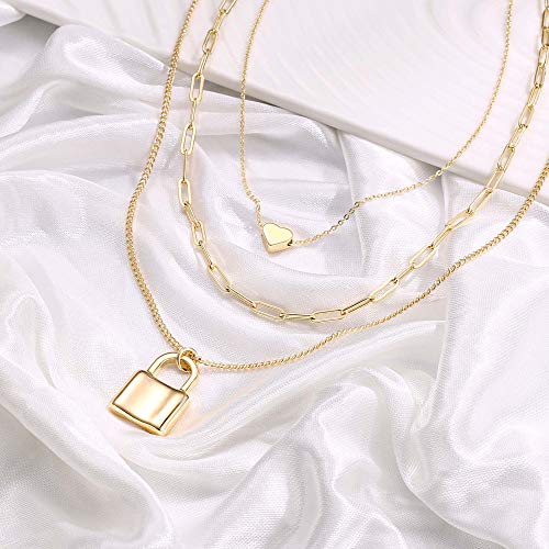 Turandoss Dainty Layered Choker Necklace, Handmade Y Pendant Necklace Multilayer Bar Disc Necklace Adjustable Layering Choker Necklaces for Women - style: 3PCS - Heart&Link Chain&Lock