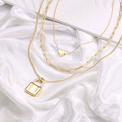 Turandoss Dainty Layered Choker Necklace, Handmade Y Pendant Necklace Multilayer Bar Disc Necklace Adjustable Layering Choker Necklaces for Women - style: 3PCS - Heart&Link Chain&Lock