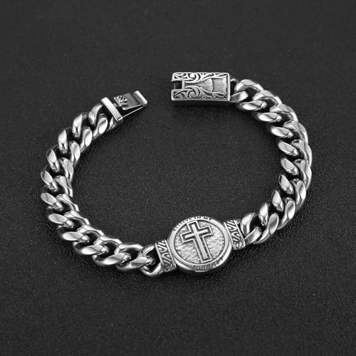 HZMAN 8.5Inch Cuban Link Bracelet for Men Silver Stainless Steel Heavy Biker Link Bracelet - color: Cross