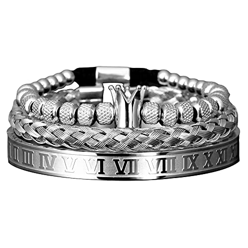 3pcs/set Classical Handmade Braiding Bracelet Hip Hop Men Pave CZ Leopard Head Roman Numeral Bracelet Stainless Steel Jewelry - color: 3pcs C Crwon Silver