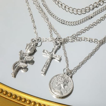 PLOUTOS Cross Coin Rose Layered Multi Chain Choker Necklace Set For Women Rhinestone Gold Silver Five Layer Adjustable Statement Fashion Chunky Boho Punk - color: Silver