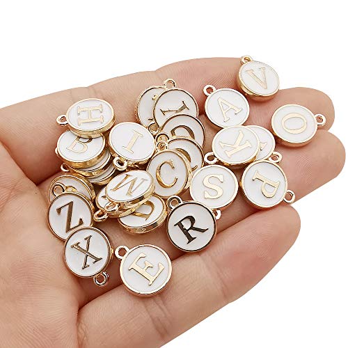 Youdiyla 2 Sets(52pcs) White Cute Mixed Letter Beads Metal Letter Charms Enamel Initial Charms Wholesale Double Sided Alphabet for Necklace and Bracelet Making Craft Supplier (HM453) - color: White