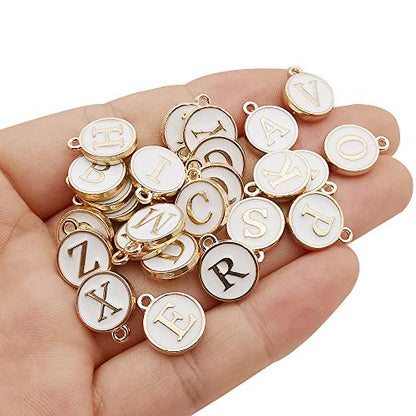 Youdiyla 2 Sets(52pcs) White Cute Mixed Letter Beads Metal Letter Charms Enamel Initial Charms Wholesale Double Sided Alphabet for Necklace and Bracelet Making Craft Supplier (HM453) - color: White