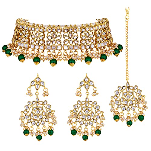 Aheli Elegant Indian Faux Kundan Studded Choker Necklace with Maang Tikka Set Ethnic Wedding Wear Bharatanatyam jewellery set Gift for Women - color: Green