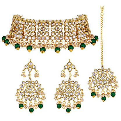 Aheli Elegant Indian Faux Kundan Studded Choker Necklace with Maang Tikka Set Ethnic Wedding Wear Bharatanatyam jewellery set Gift for Women - color: Green