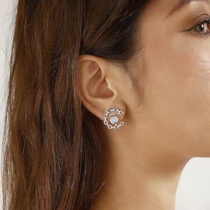 Elegant C-Shaped Crystal Stud Earrings with Birthstone Earring Silver Plated Fashion Jewelry for Women CE0003 - color: White-April