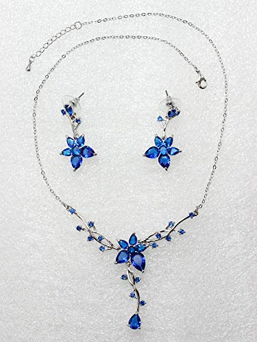 Faship Gorgeous CZ Crystal Floral Necklace Earrings Set - color: Blue