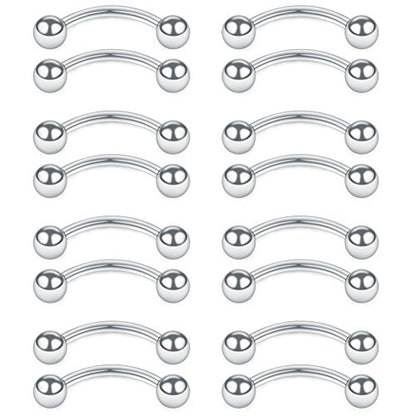 SCERRING 14G Clear Acrylic Bioflex & Stainless Steel Curved Barbell Nipplerings Snake Eyes Tongue Ring Piercing Retainer 16-24PCS - style: 16PCS - 1/2" (12mm) Stainless Steel