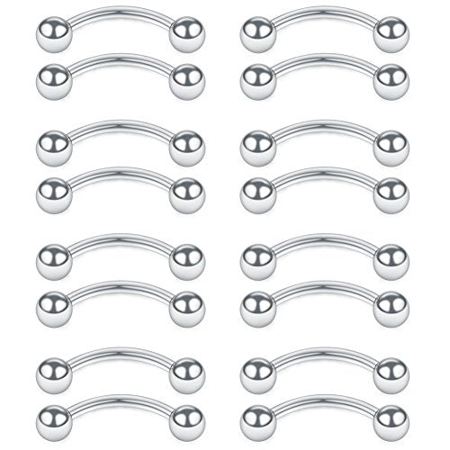 SCERRING 14G Clear Acrylic Bioflex & Stainless Steel Curved Barbell Nipplerings Snake Eyes Tongue Ring Piercing Retainer 16-24PCS - style: 16PCS - 1/2" (12mm) Stainless Steel