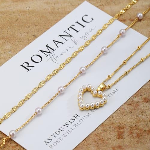 MFRYK Gold Necklaces for Women,14K Gold/Silver Plated Choker Layered Necklace Dainty Pearl Disc Cross Circle Heart Pendant Chain Stackable Necklaces, Multilayer Jewelry Set Gifts for Women - style: 3Layered Preal Heart-GD