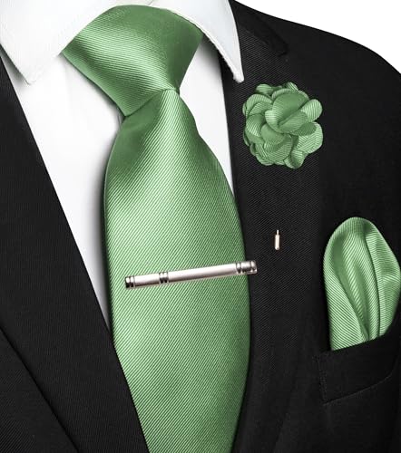 JEMYGINS Formal Necktie Solid Color Tie and Pocket Square with Tie Clip Lapel Pin Sets for Men 4PCS - color: Sage Green