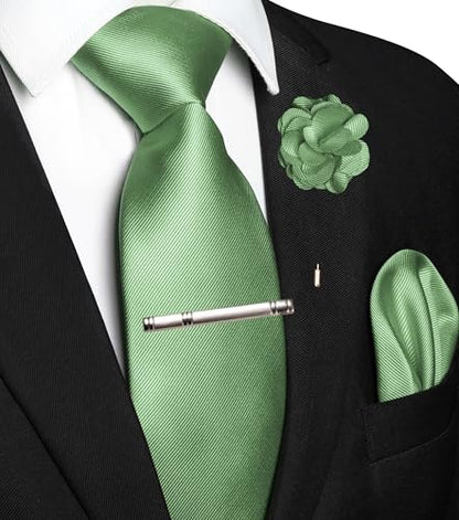 JEMYGINS Formal Necktie Solid Color Tie and Pocket Square with Tie Clip Lapel Pin Sets for Men 4PCS - color: Sage Green