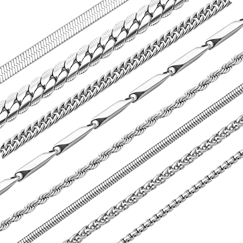 stino 7/8PCs Stainless Steel Chain Necklace Set for Men Women, Silver Tone Necklace Chains Bulk, Figaro Chain, Snake Chain, Cuban Link Chain, Rope Chain. - style: Same-Length 8Pcs