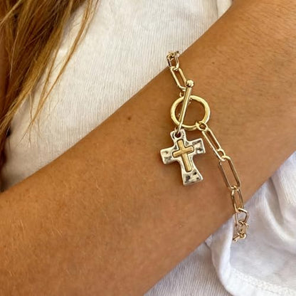 Cross Bracelet for Women Vintage Style Two-Tone Cross Chain Bracelet Gold Plated Paperclip Link Adjustable OT Clasp Jewelry