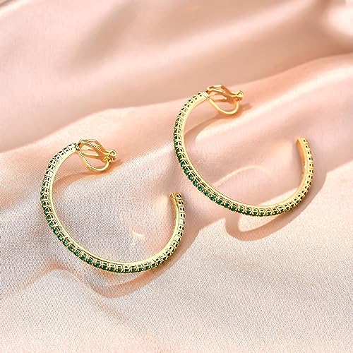 YOQUCOL 4.3CM(1.7in) Clip On Hoop Earrings Cubic Zirconia Non Pierced Ears Hoops for Women - color: Gold-Green