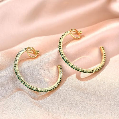 YOQUCOL 4.3CM(1.7in) Clip On Hoop Earrings Cubic Zirconia Non Pierced Ears Hoops for Women - color: Gold-Green