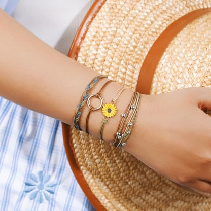 Sunflower Friendship Bracelets Boho Stackable String Bracelets Cute Trendy Gifts for Teen Girls Women - color: Tan