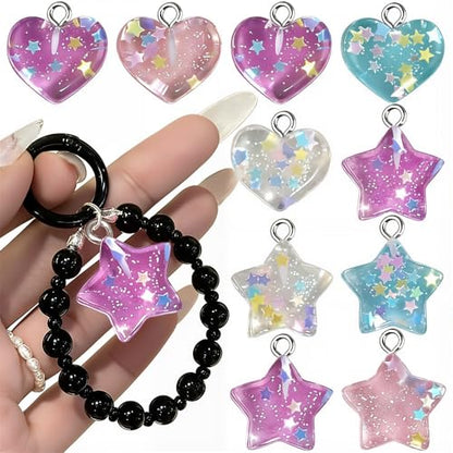 10Pcs Transparent Glitter Sequins Cute Bracelet Charms 3D Star Heart Charms for Jewelry Making Earrings Keychain Charm Aesthetic Resin Charm Pendants for Necklaces DIY Jewelry Craft Accessories