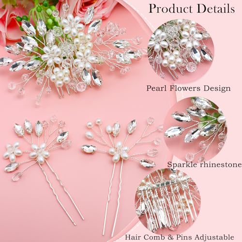 9 pcs Wedding Hair Accessories Bridal Hair Pins Silver Rhinestone with Pearls Hair Pieces for Brides Women Girls (Sliver White) - color: Sliver White
