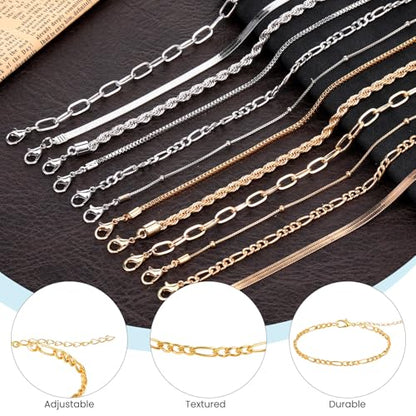 Gold Silver Ankle Bracelets for Women 12 Pcs Cuban Anklet Link Chain Set Multi-layered Wear Boho Bracelet Set Summer Beach Jewelry Accessories