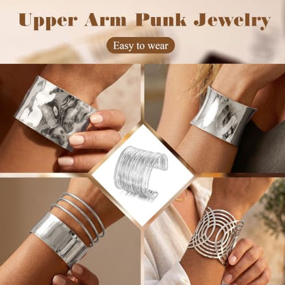 4PCS Chunky Cuff Bracelets Set for Women Hammered Chunky Bracelets Adjustable Open Wide Wire Bracelets Irregular Minimalist Coil Bangle Set Gold Silver Upper Arm Punk Jewelry - color: Silver C