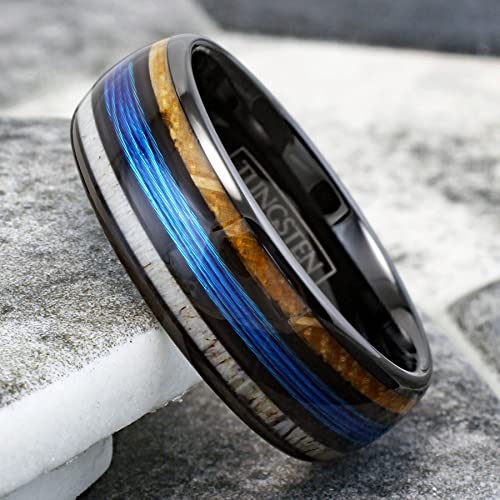 Stunning Unique 6mm/8mm Polished Black Tungsten Carbide Low Dome Band Ring with Fishing Line Between Whiskey Barrel Oak Wood and Deer Antler Inlays.