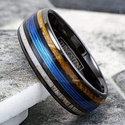 Stunning Unique 6mm/8mm Polished Black Tungsten Carbide Low Dome Band Ring with Fishing Line Between Whiskey Barrel Oak Wood and Deer Antler Inlays.
