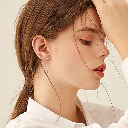 Personalized Double Piercing Round CZ Stud Small Hoop Cuff Cartilage Earrings for Women Teen Girls 925 Sterling Silver Post Cubic Zirconia Threader Chain Tassel Drop Dangle Delicate Two Holes Crystal Huggie Hoops Crawler Climbers Hypoallergenic Studs Fash