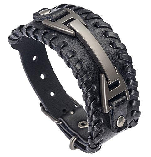 Leather Bracelet for Men Braided Stainless Steel Mens Bracelets - color: Black 1