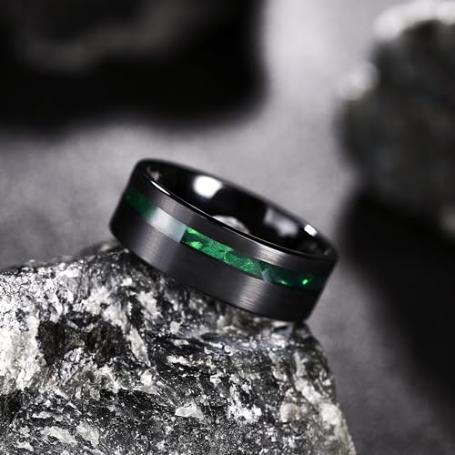 King Will Tungsten Rings for Men with Galaxy Shell Sand Meteorite Inlay | Black, 8mm, Brushed, Pipe Cut, Shell inlay, Everyday Wear - color: Green