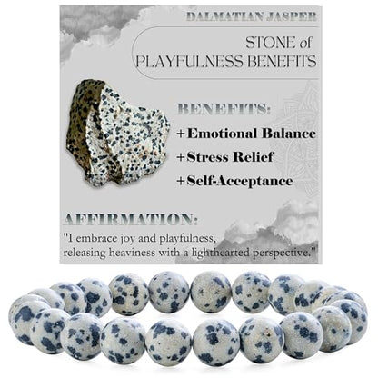 Bivei 8mm Beaded Bracelets for Women Handmade Semi Precious Natural Stone Stretch Elastic Jewelry Yoga Protection Gifts - color: Dalmatian Jasper- Grounding & Joy, size: Medium 6.8-7.3 inch