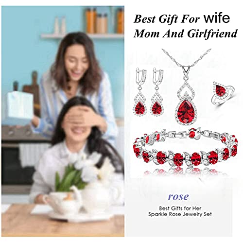 LMXXVJ Women Jewelry Set Platinum Plated Necklace Open Ring Earrings Bracelet Set,Birthday/Anniversary Mother’s Day Jewelry Gifts for Mom/Wife/Sister/Best Friend - color: Garnet Red