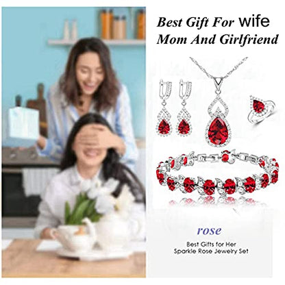 LMXXVJ Women Jewelry Set Platinum Plated Necklace Open Ring Earrings Bracelet Set,Birthday/Anniversary Mother’s Day Jewelry Gifts for Mom/Wife/Sister/Best Friend - color: Garnet Red