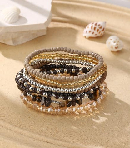 Noessla Boho Beaded Bracelets for Women Stackable Irregular Natural Stone Bead Stretch Bracelet Set 8PCS Costume Jewelry Gifts for Her - color: Brown