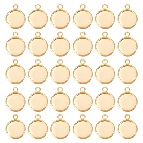 Beebeecraft 1 Box 40Pcs Flat Round Charm 24K Gold Plated Brass 12mm Blank Bezel Tray Charms Cabochon Settings with Loop for Jewelry Making - color: Gold, size: 12mm 40pcs