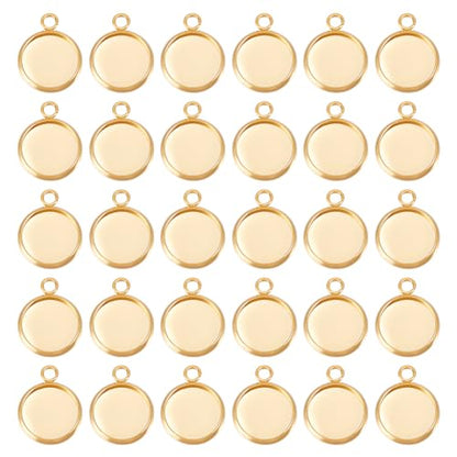 Beebeecraft 1 Box 40Pcs Flat Round Charm 24K Gold Plated Brass 12mm Blank Bezel Tray Charms Cabochon Settings with Loop for Jewelry Making - color: Gold, size: 12mm 40pcs
