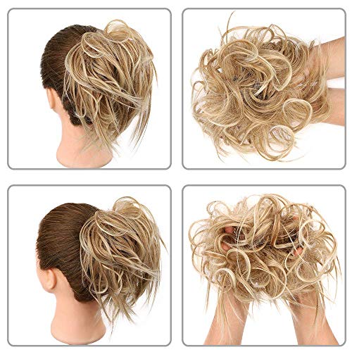 HMD Tousled Updo Messy Bun Hair Piece Ponytail Hairpieces for Women | Synthetic Hair Extension Ponytail with Elastic Rubber Band, Updo Hairpiece Hair Bun Scrunchies for Women Daily Party - color: 27T613(Honey Blonde Mix Bleach Blonde)