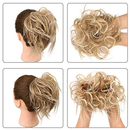 HMD Tousled Updo Messy Bun Hair Piece Ponytail Hairpieces for Women | Synthetic Hair Extension Ponytail with Elastic Rubber Band, Updo Hairpiece Hair Bun Scrunchies for Women Daily Party - color: 27T613(Honey Blonde Mix Bleach Blonde)