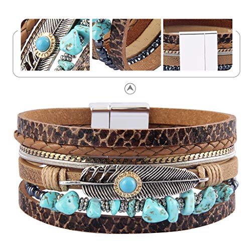GelConnie Womens Leather Cuff Bracelet Feather Multi Strand Bracelet Wrap Bracelet Turquoise Boho Bangle Braided Leather Wristbands Bohemian Jewelry Gifts for Women Wife Sister - color: Turquoise Feather Cuff Bracelet-Brown