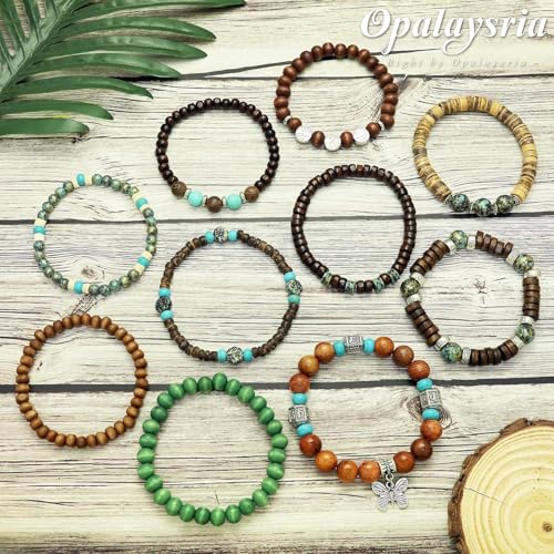 10 Pcs Stackable Bohemian Beaded Bracelets for Women Men, Nature Tree Butterfly Turquoise Wooden Beads Stretch Boho Bracelets Handmade Boho Hippie Western Chic Earthy Jewelry Gift - color: Green Beads