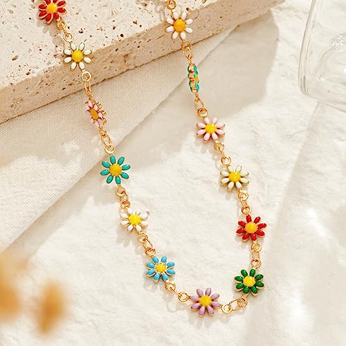 MTMY Beaded Necklaces for Women 14K Gold Plated Dainty Colorful Green/Rose Beaded Pearl Choker Necklace Delicate Boho Choker Necklace Jewelry Gift - style: Colorful daisies
