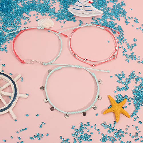 Waterproof String Anklets Cute Beaded Ankle Bracelets Beach Wave Anklet Stainless Steel Coin Boho Ankle Jewelry for Women - color: Teal
