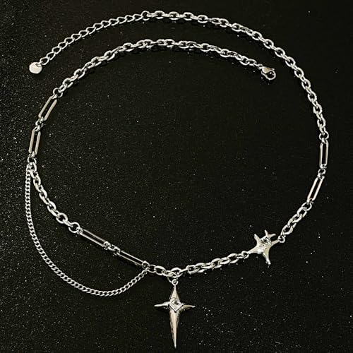 Gothic Cross Star Necklace For Men Women Silver Stainless Steel Cuban Link Paperclip Figaro Bead Chain Punk Kpop Y2k Goth Irregular Layered Cross Pendant Necklace Non Tarnish Jewelry Gift - color: Silver G