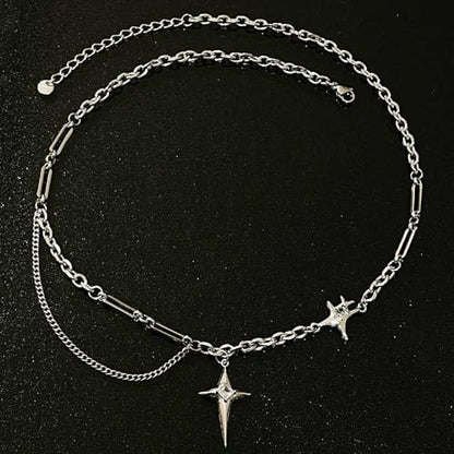 Gothic Cross Star Necklace For Men Women Silver Stainless Steel Cuban Link Paperclip Figaro Bead Chain Punk Kpop Y2k Goth Irregular Layered Cross Pendant Necklace Non Tarnish Jewelry Gift - color: Silver G